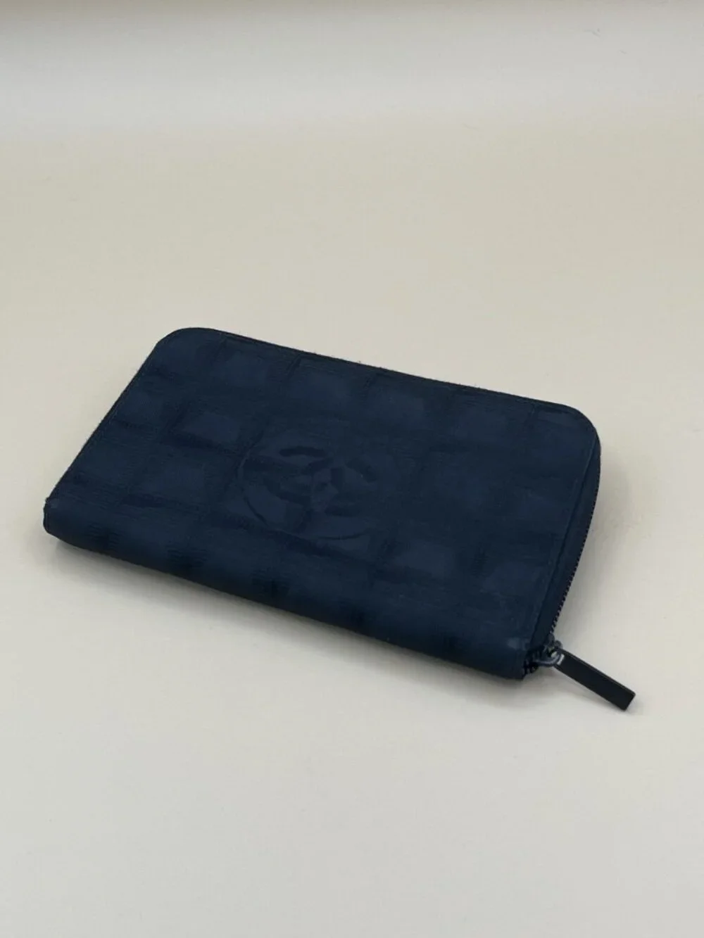 Chanel Black Checkered Canvas Zipper Wallet With CC Logo Design